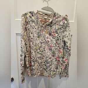 H&M Floral Cotton Blouse 4 Button Front Ruffle Shoulder Long Sleeve Boho Top